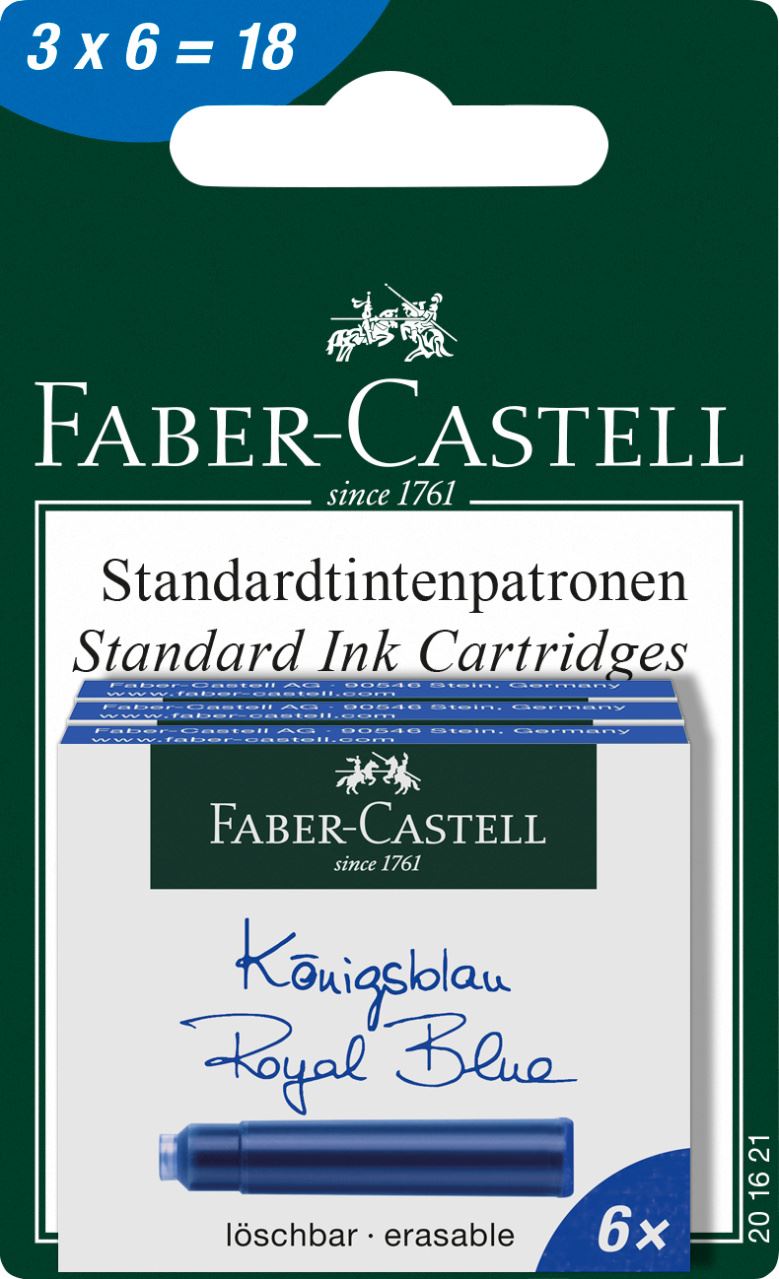 Faber-Castell - Cartuchos de tinta, 6x azul real borrable, blíster, 3 piezas