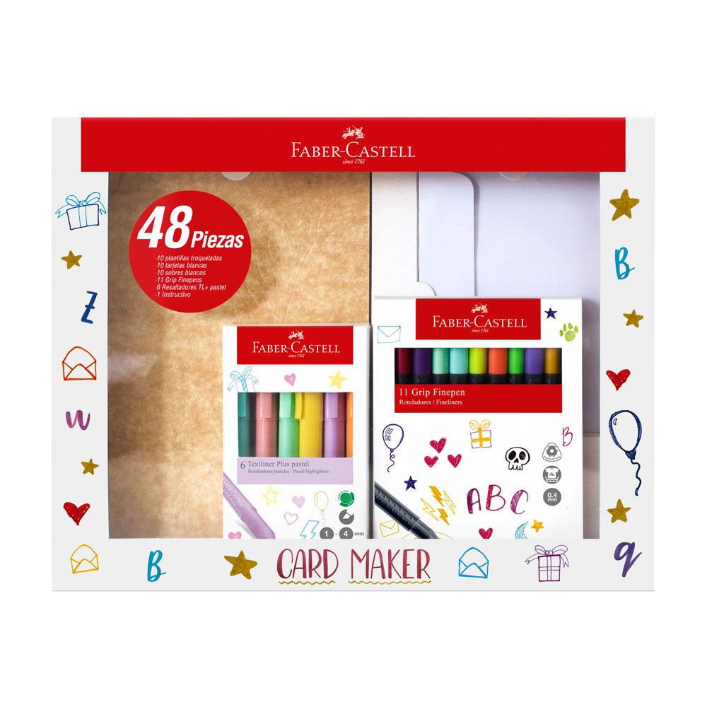 Faber-Castell - Set Tarjetería + 11 Grip Finepens + 6 resaltadores pastel