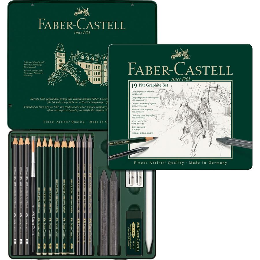 Faber-Castell - Estuche de metal con 19 piezas Pitt Grafito