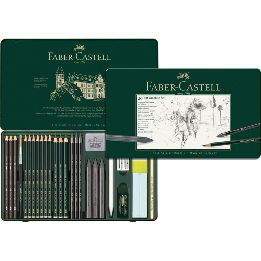 Faber-Castell - Estuche de metal con 26 piezas Pitt Grafito