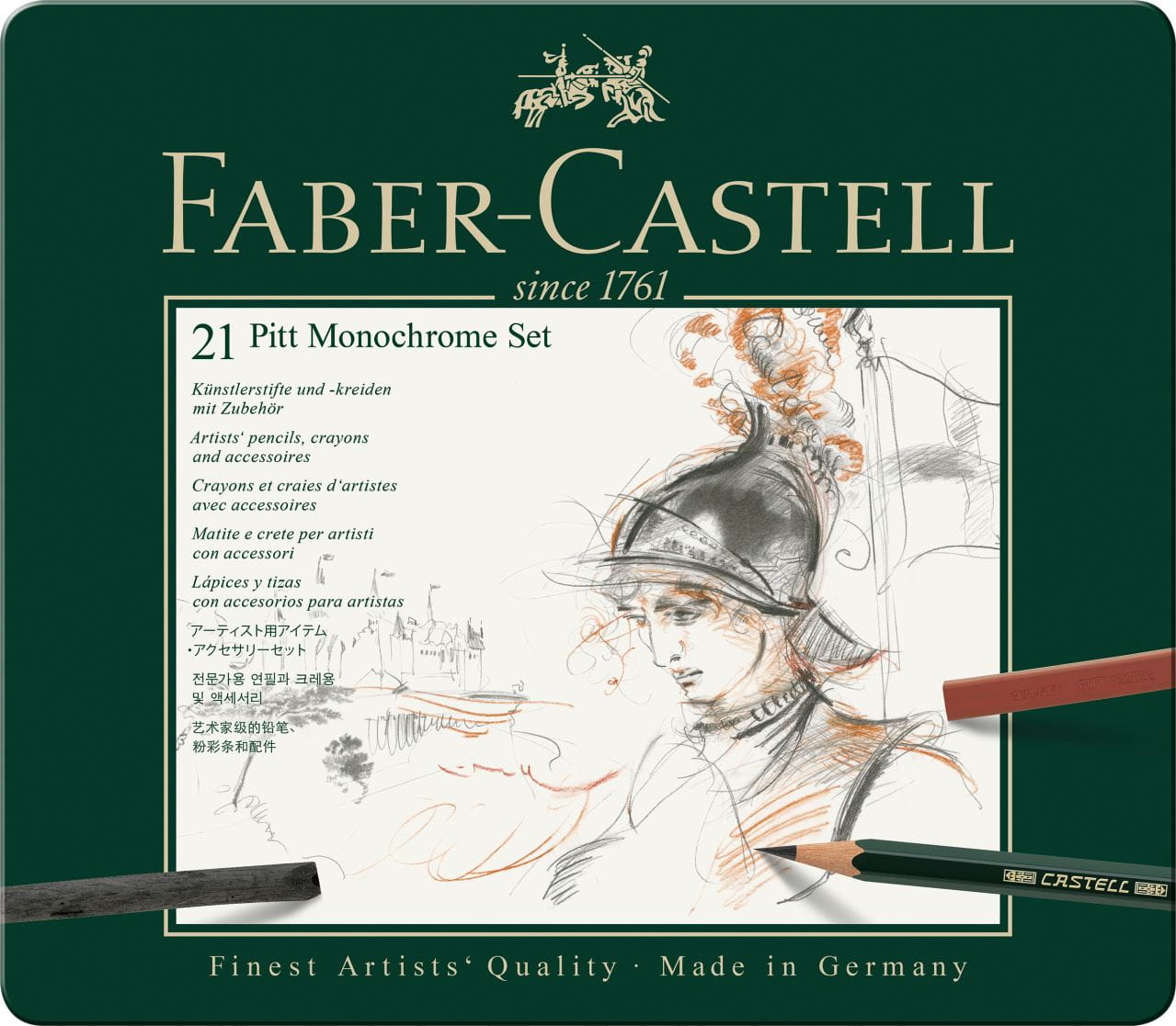 Faber-Castell - Estuche de metal con 21 piezas Pitt Monochrome
