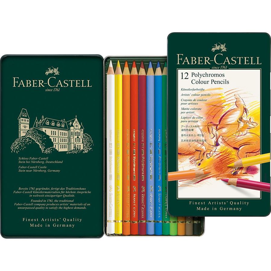 Faber-Castell - Estuche de metal con 12 lápices de color Polychromos